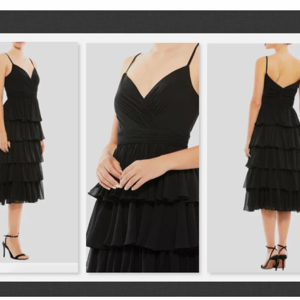 NWT Mac Duggal Black Ruffle Layered V-Neck Midi Dress Size 0